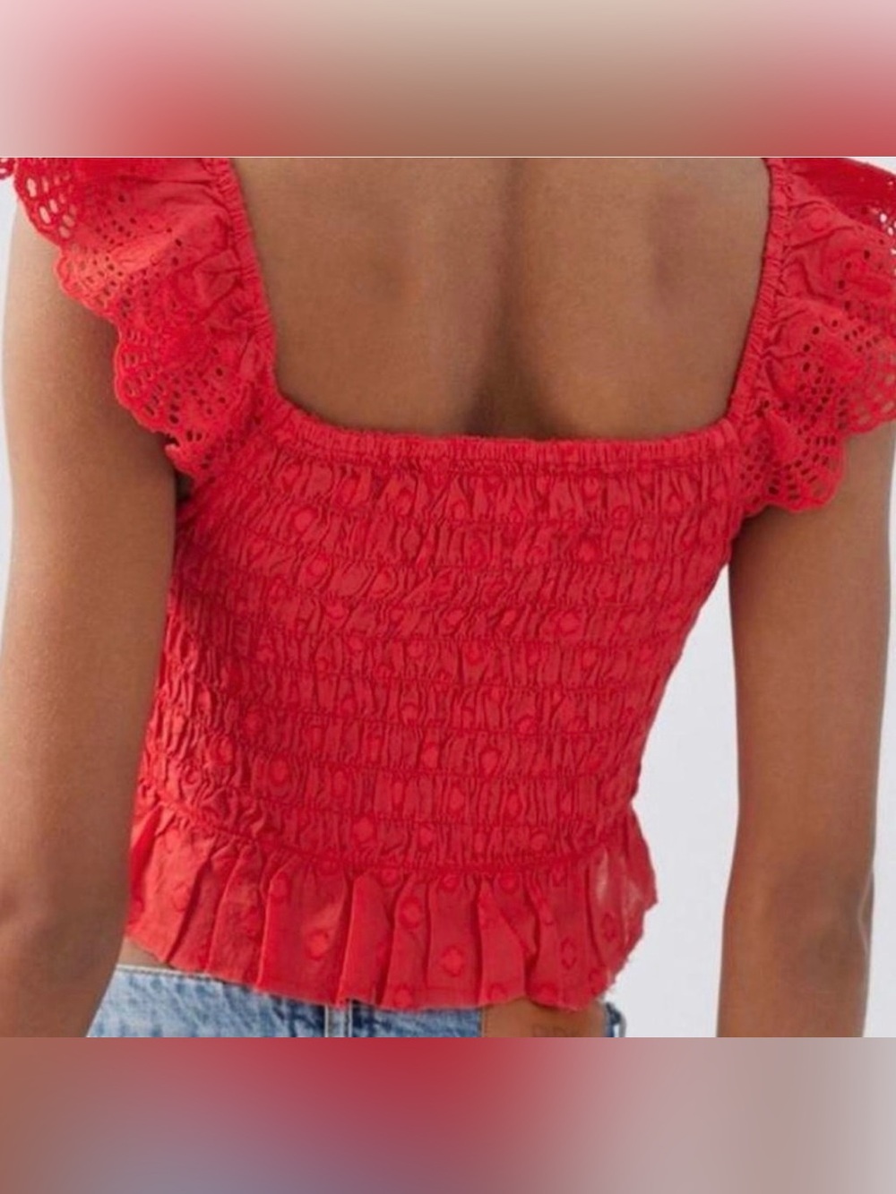 Urban Outfitters Red Ruffled Smocked V-Neck Crop Tank Size Medium - Picture 2 of 10